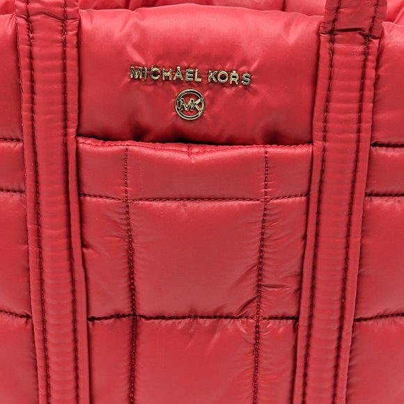 MICHAEL KORS Stirling quilted recycled nylon puffy SMALL tote bag -RED - Picture 2 of 12